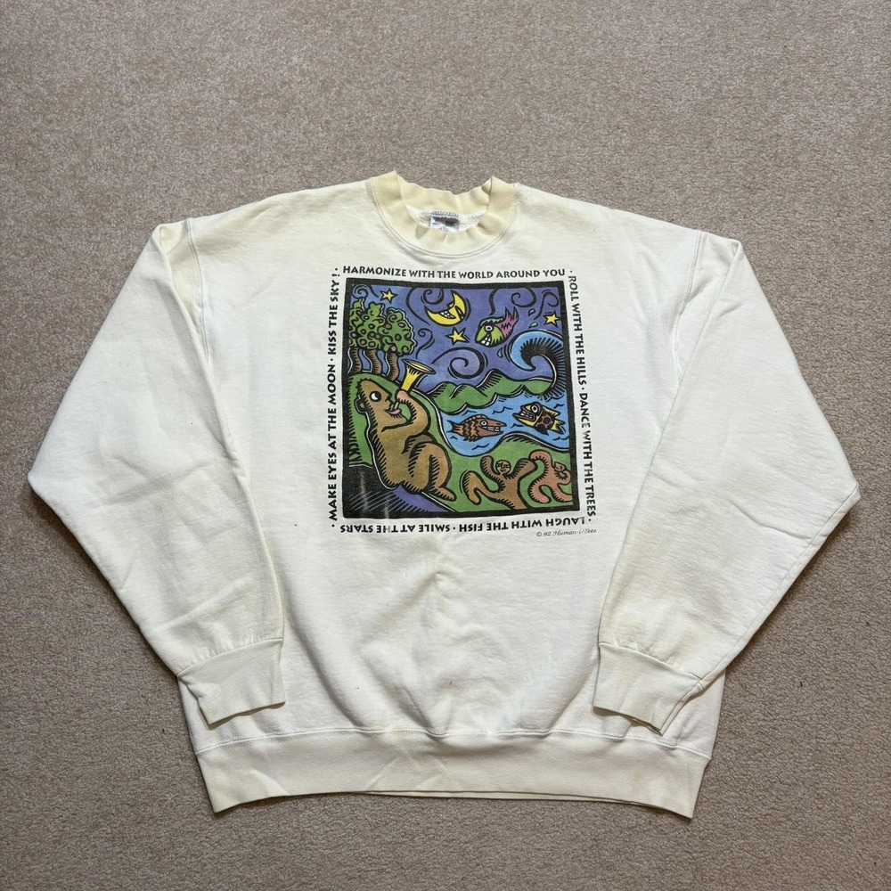 Vtg Human-i-Tees Art Crewneck Sweatshirt XL White Nature Animals‎ Obscure90s